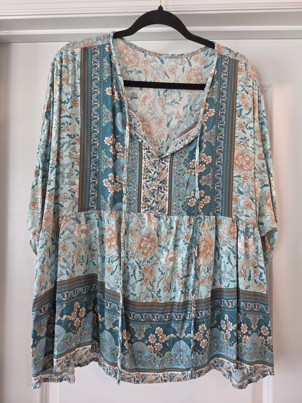 SHEIN Curve Blue Floral Boho Peasant Blouse 1X Flowy Long Sleeve Babydoll Top - Picture 2 of 5